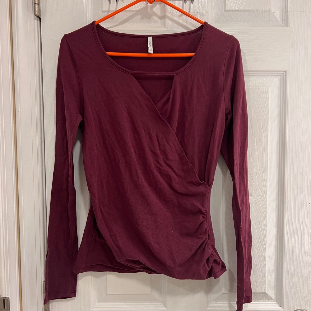 Z Supply Burgundy Faux Wrap Ruched Long Sleeve Top Size Small
